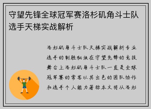 守望先锋全球冠军赛洛杉矶角斗士队选手天梯实战解析