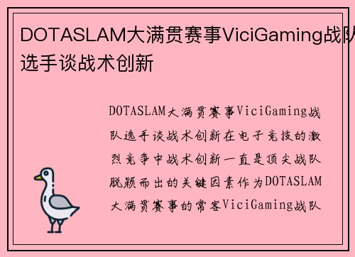DOTASLAM大满贯赛事ViciGaming战队选手谈战术创新